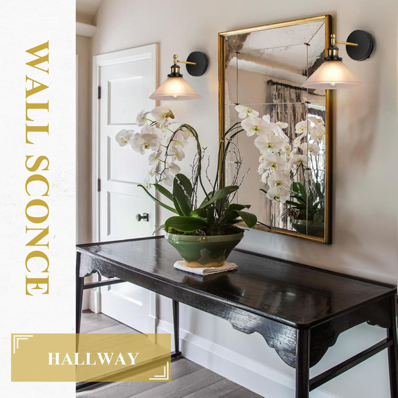 Vintage Hardwired Wall Sconces Set Of 2 With Frosted Glass Shade, Brushed Bronze Finish, E26 Base, Ideal For Bathroom, Kitchen, Hallway, And Stairway Lighting