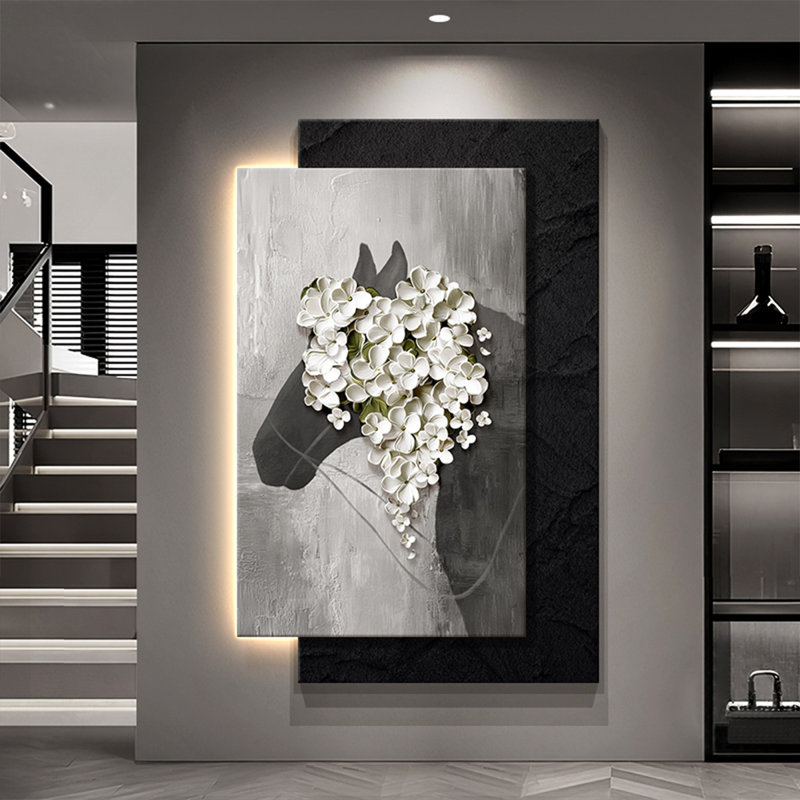 Relief Sandstone Horse & Floral Led Wall Art Good Fortune Theme, 39.37" H x 27.56" W x 1.65" D