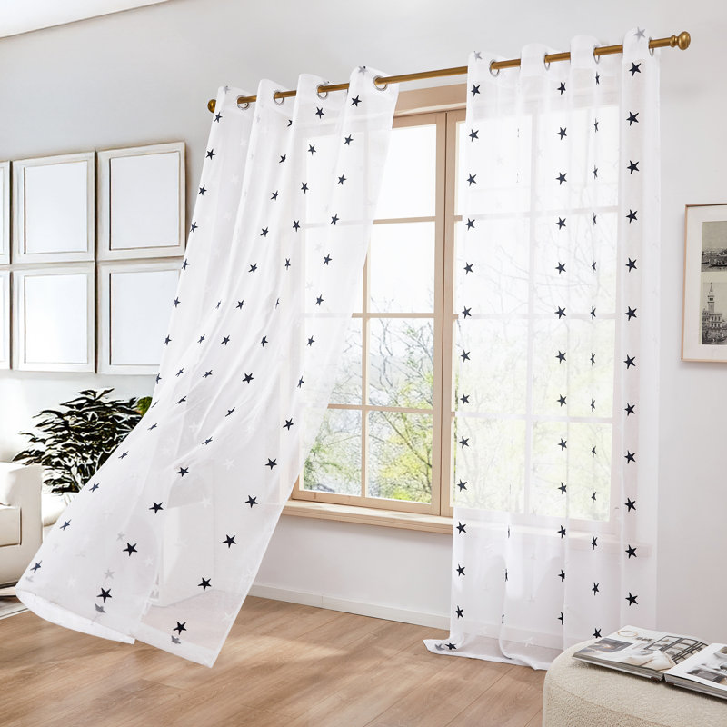 Embroidered Pentagram Light Filtering Sheer Curtains (Set of 2), 52" W x 63" L, Navy Blue