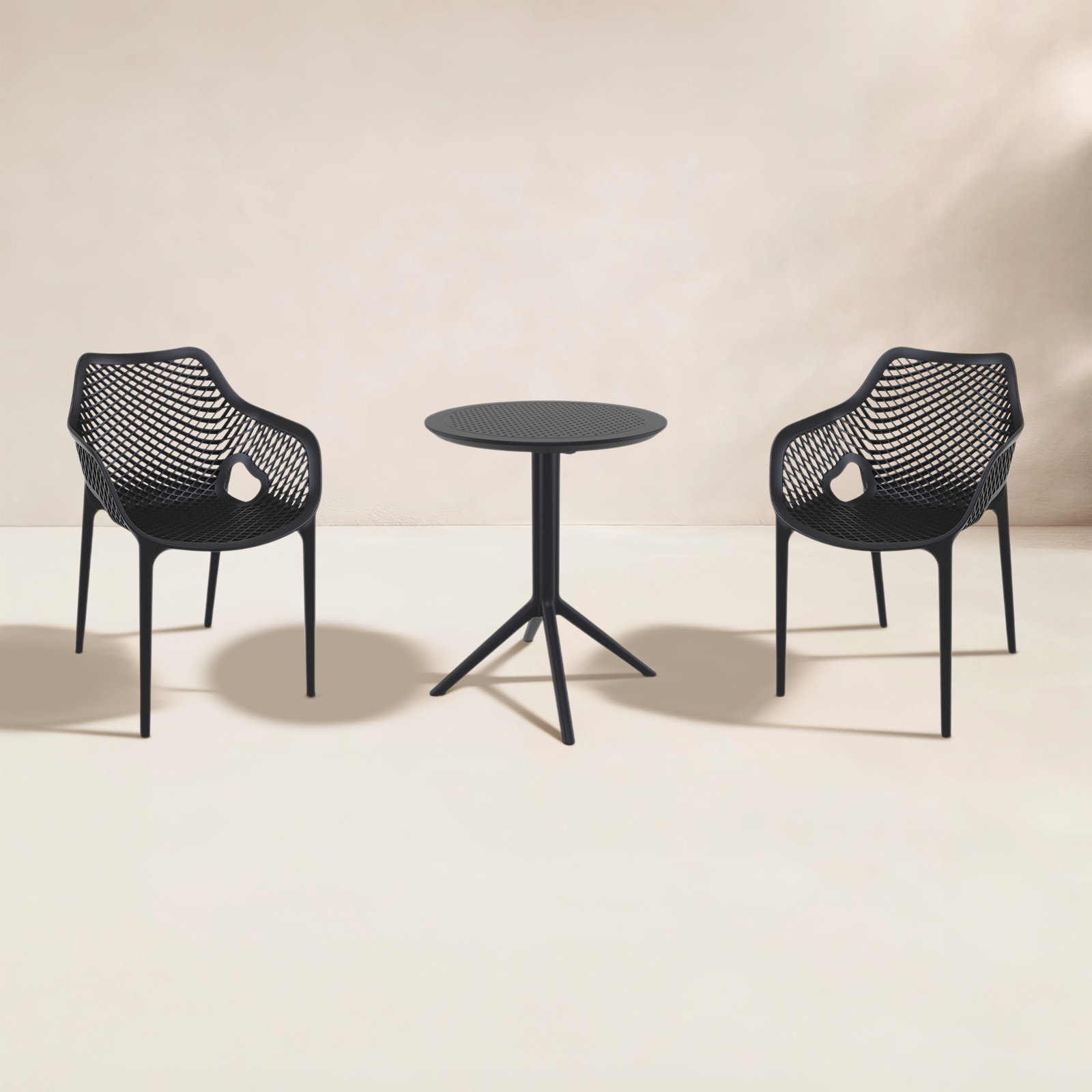 Farrah 24'' Round 2 - Person Bistro Set with Open Air Stacking Chairs, Black