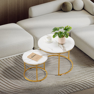 Nesting Coffee Table Set of 2, Round Coffee Table, Nesting Tables for Small Place, Vintage End Side Tables Night Stand with Metal Frame, for Living Room, Bedroom, Office (White & Gold)