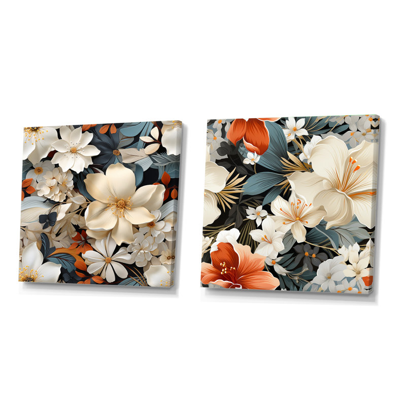 Paradis floral blanc et doré - ensemble de 2 collages floraux carrés, Toile tendue, H 30 po x l 61 po