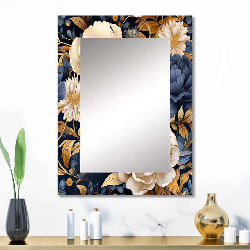 Carlock Blue And Beige Peonies Boho Pattern - Floral Decorative Wall Mirror, Floral Mirror, Printed Metal Art, 32" x 24"
