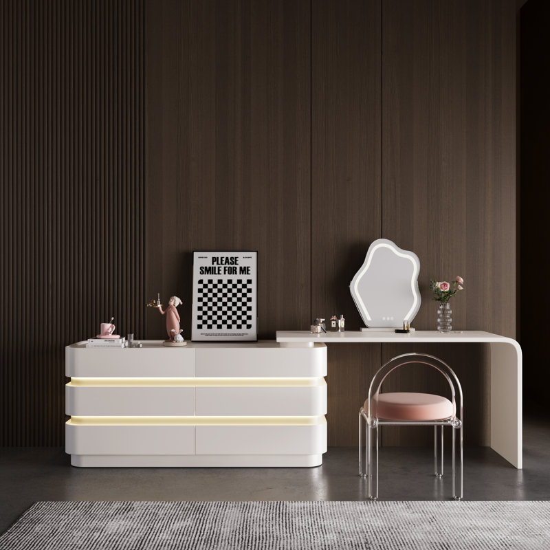 Cyruss Expandable 51.18 '' - 90.55 '' Modern Makeup Vanity with Integrated Lighting, Multiple Storage Spaces (6-Drawers)