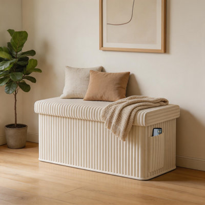 Beige Corduroy Foldable Storage Ottoman With Side Pockets, For Entryway And Living Room
