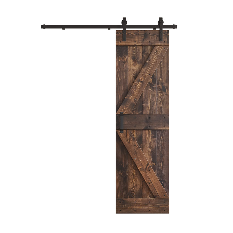Porte de grange nouée à panneaux en bois et métal K Series, 30 po x 84 po, Café Kona