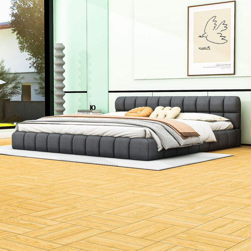Très grand lit plateforme tapissier avec design élégant et tête de lit, Gris