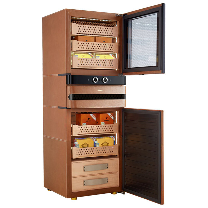 Afidano 1500 Ct Cigar Humidor, Temperature and Humidity Control with Classic Leather and Spanish Cedar Drawers