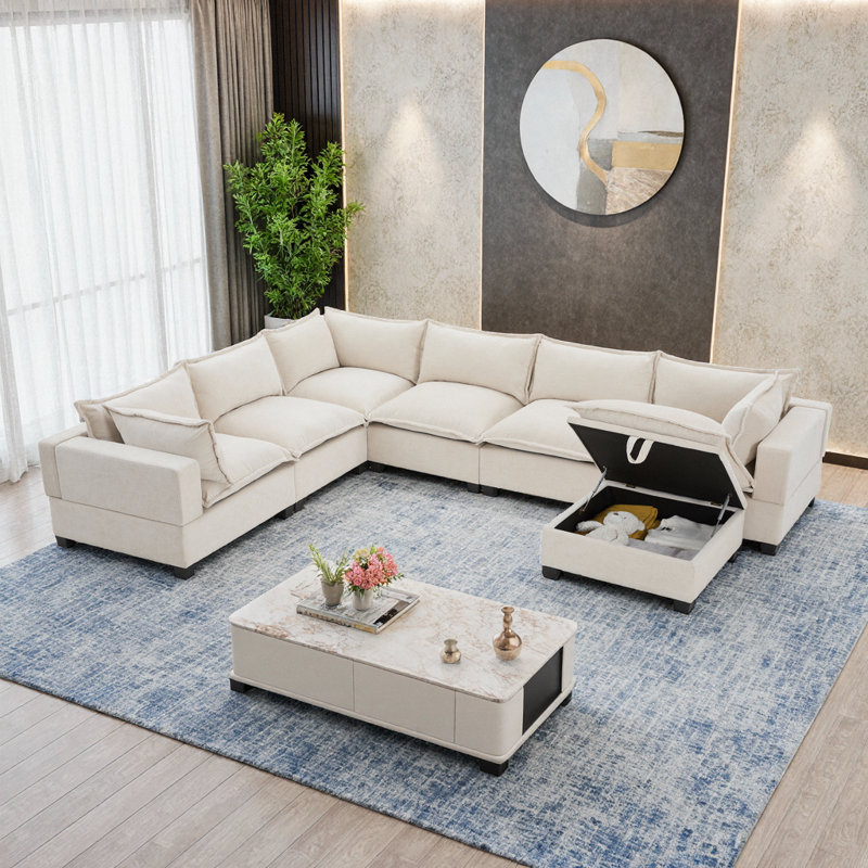 Canapé modulaire moelleux en chenille de 7 places avec mousse de nuage et repose-pieds de rangement Plush, Beige