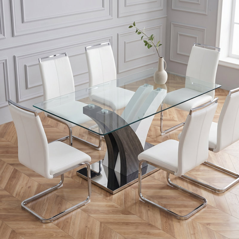 Modern 7-Piece Dining Set with Faux Leather Chairs and Rectangle Tempered Glass Table, White