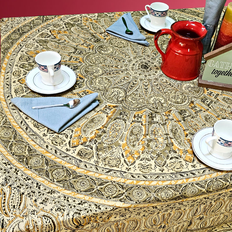 Vegetable Dye Hand Block Print Floral Cotton Tablecloth, 60" Square