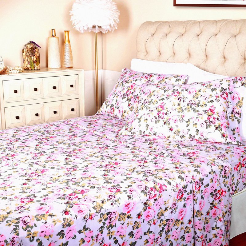 Wildflower Dream 300-Thread Count Cotton Bed Sheet Set - Vintage Floral Bohemian Bedding with Pillowcases - Durable, Breathable, Machine Washable