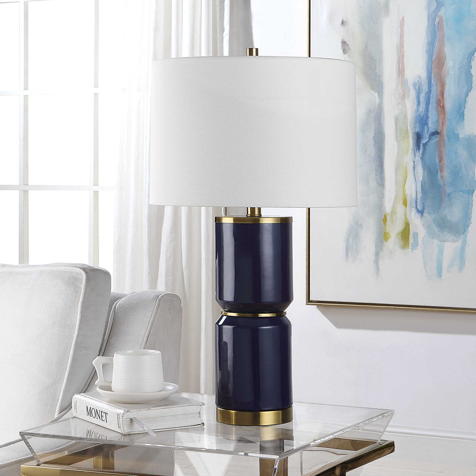 Jensi Ceramic Table Lamp, Royal Blue/Antique Gold