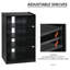 5 armoires console. Noir vieilli, portes en verre trempé, tablettes réglables. Peut accueillir un lecteur, un récepteur, une console de jeu, un ordinateur portable et des livres. Disposer les câbles avec des tablettes et des câbles