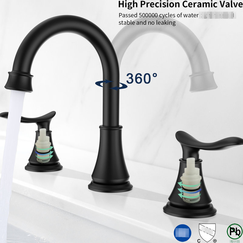 Robinet de lavabo de salle de bain noir mat 8 po - 2 poignées, 3 trous, 360 pivotant, résiste aux égratignures et à l'eau du robinet