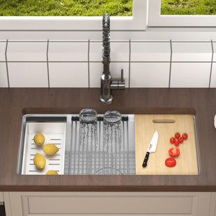 Évier de cuisine de ferme de style station de travail de 33 po, évier encastré en argile réfractaire, éviers encastrés profonds à simple cuve de ferme blanche, éviers de bar rectangulaires avec accessoires