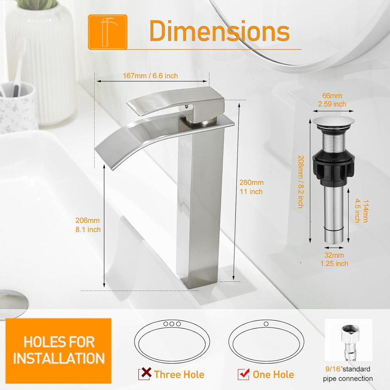 Robinet pour salle de bain à poignée simple avec drain, Nickel brossé