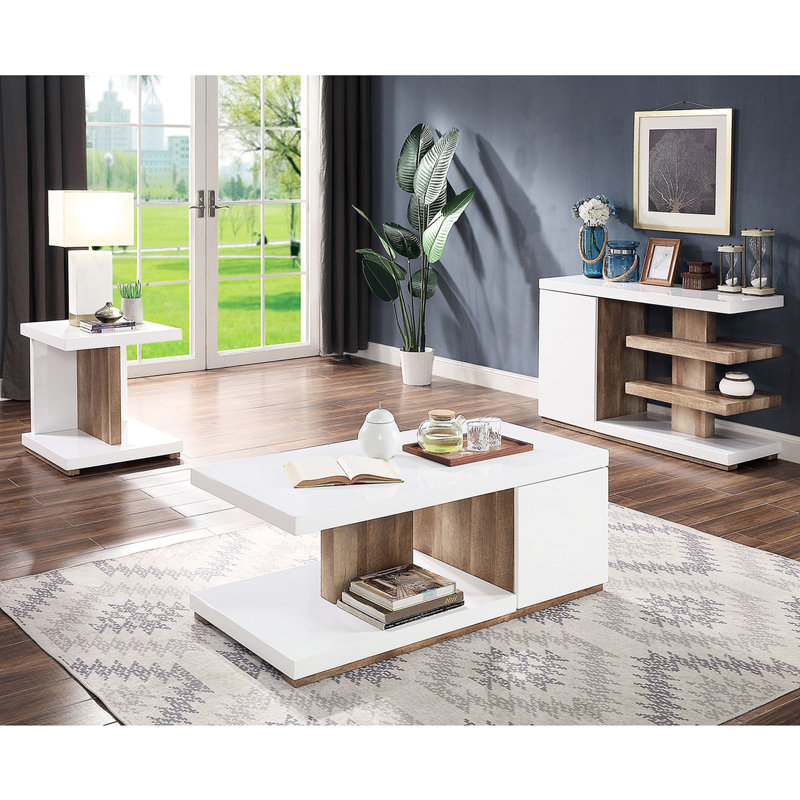 Contemporary Solid Wood End Table, High Gloss Two - Tone, Open Shelves, 22X22x23.56 Inches Modern Tone Design, Gloss, Replicated Base