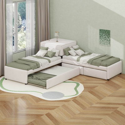 Lit d'angle en L simple avec lit gigogne et tiroirs, cadre de lit plateforme tapissier, lit simple en L avec bureau et rangement