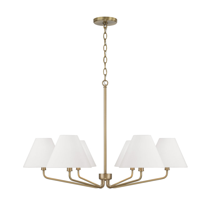 Lustre angulaire à 6 lumières en laiton vieilli l 34 po x H 22,5 po avec abat-jour en tissu blanc effilé, Laiton