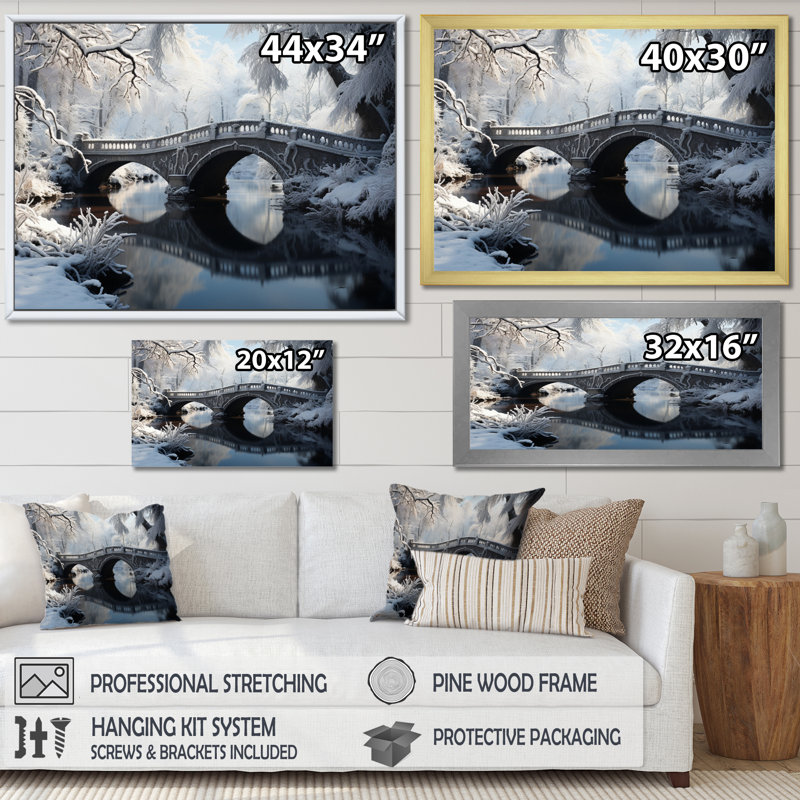 Winter Landscape Snowy Bridges I - Winter Landscape, art mural encadré, Cadre doré à une seule photo