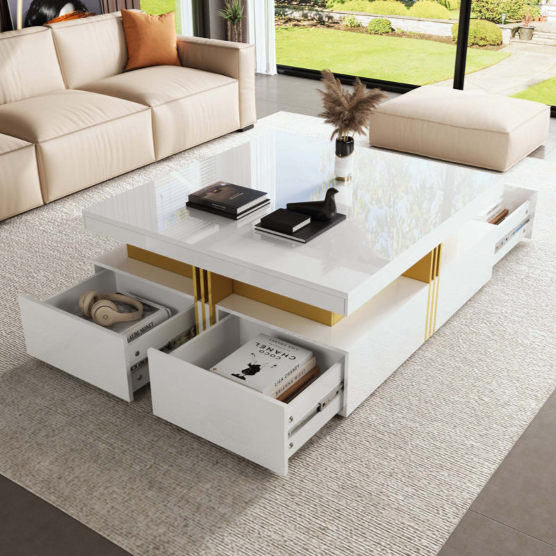 Table basse moderne carrée avec rangement à 4 tiroirs, parfaite pour les espaces de vie élégants et fonctionnels
