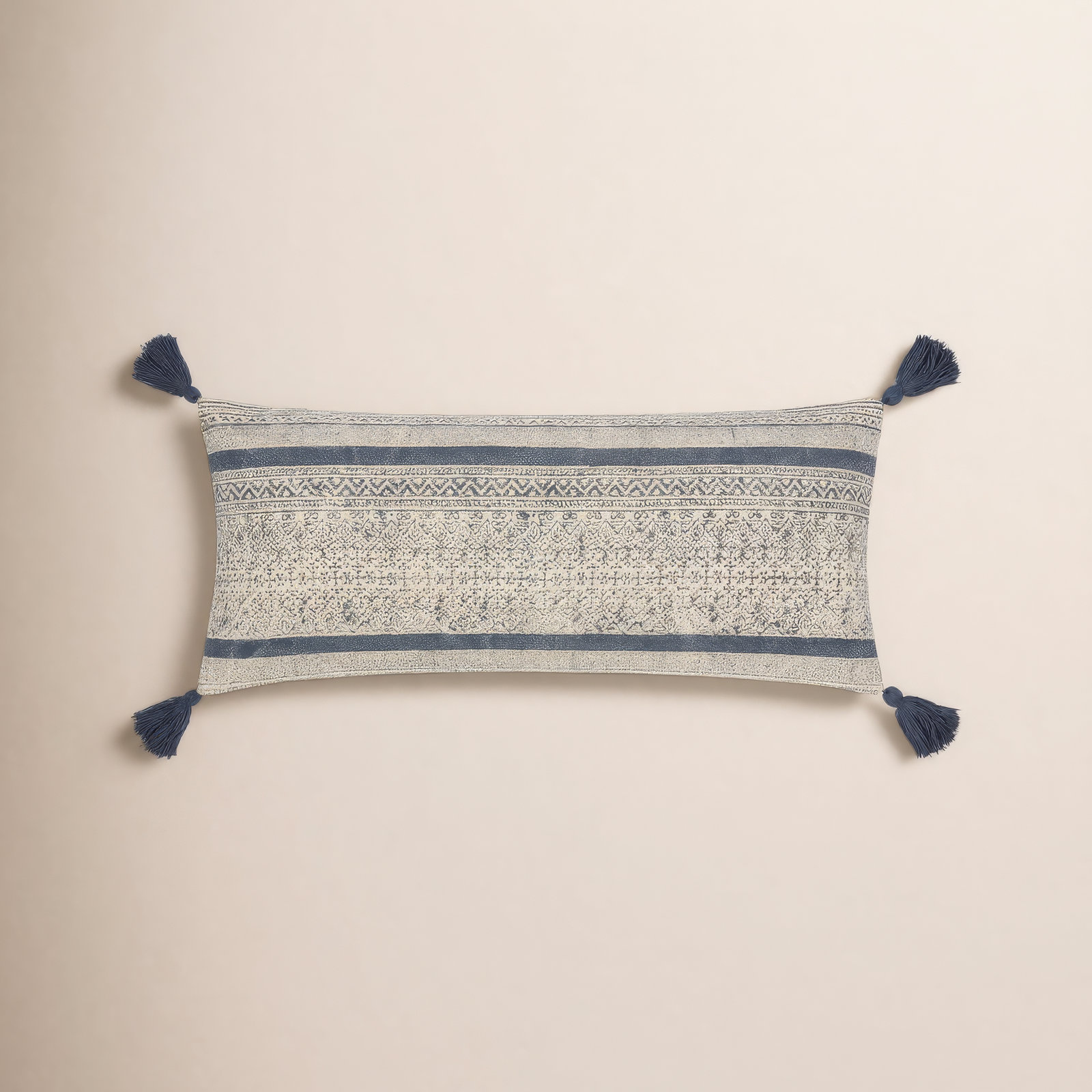 Zetta Tassels Cotton Lumbar Throw Pillow, Pillow Cover Only - No Insert, Beige/Denim