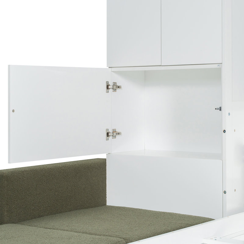 Grand lit escamotable avec canapé, armoire de rangement et tablettes réglables, Blanc