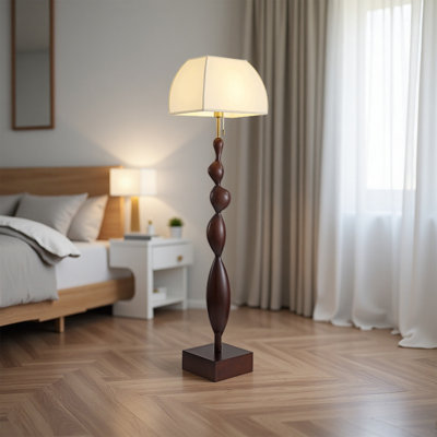 French Mid-Century Solid Wood & Fabric Floor Lamp