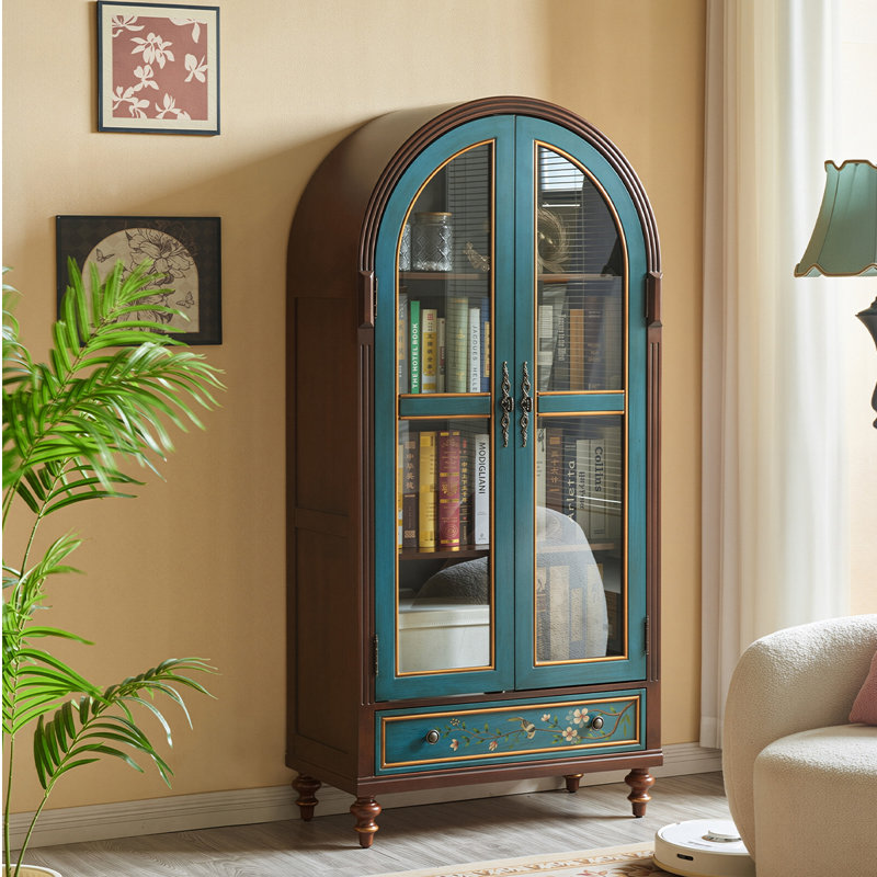 31.5" Teal-Brown Solid Wood Hand-Painted Vintage Display Cabinet