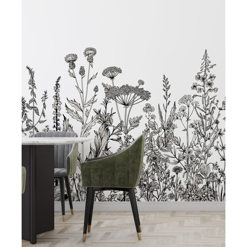 Panneau de papier peint amovible en textile noir et blanc fleurs plantes de jardin Palmer, L 35 po x l 55 po