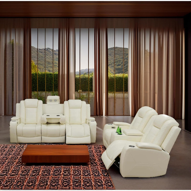 Ensemble de canapé de salon inclinable en cuir végétalien blanc 2 pièces avec porte-gobelets, charge sans fil et lumières DEL Solace