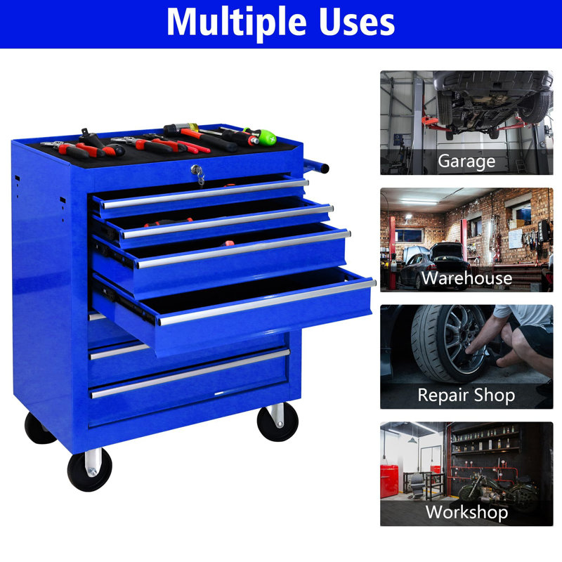 Tool Chest, 7-Drawer Rolling Tool Chest With Locking System & Detachable Tray, Blue
