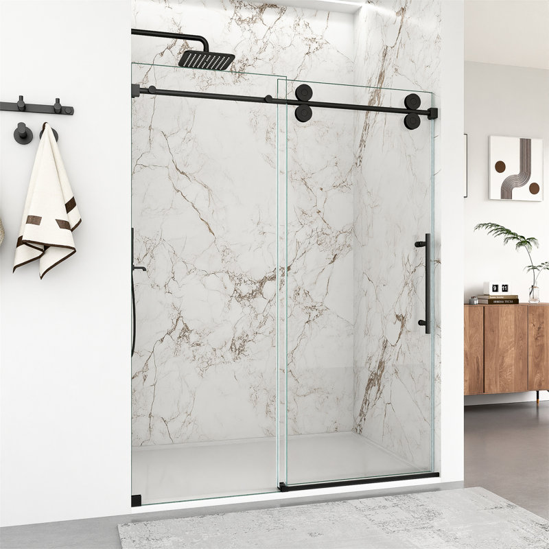56"-60"W X 72"H Frameless Single Sliding Shower Door – 5/16" (8Mm) Clear Tempered Glass, Bypass Design, Matte Black