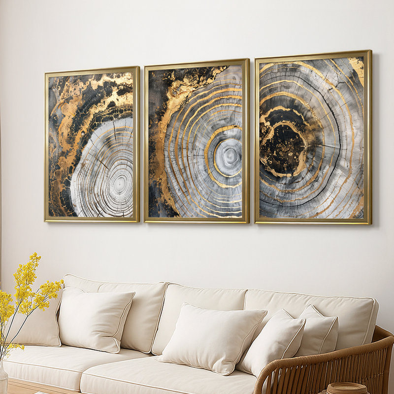ABSTRACT Series CCLxxix - Toile tendue avec châssis sur mesure - 3 pièces, H 21 po x l 30 po, Doré