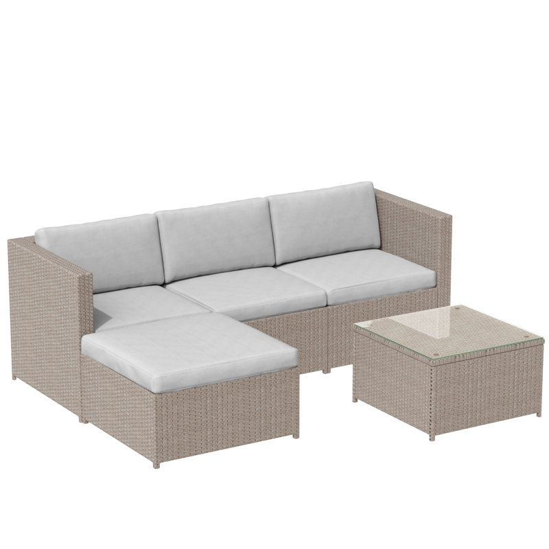 Rattan Garden Sofa Set With Glass Top Coffee Table, Beige, Light Grey