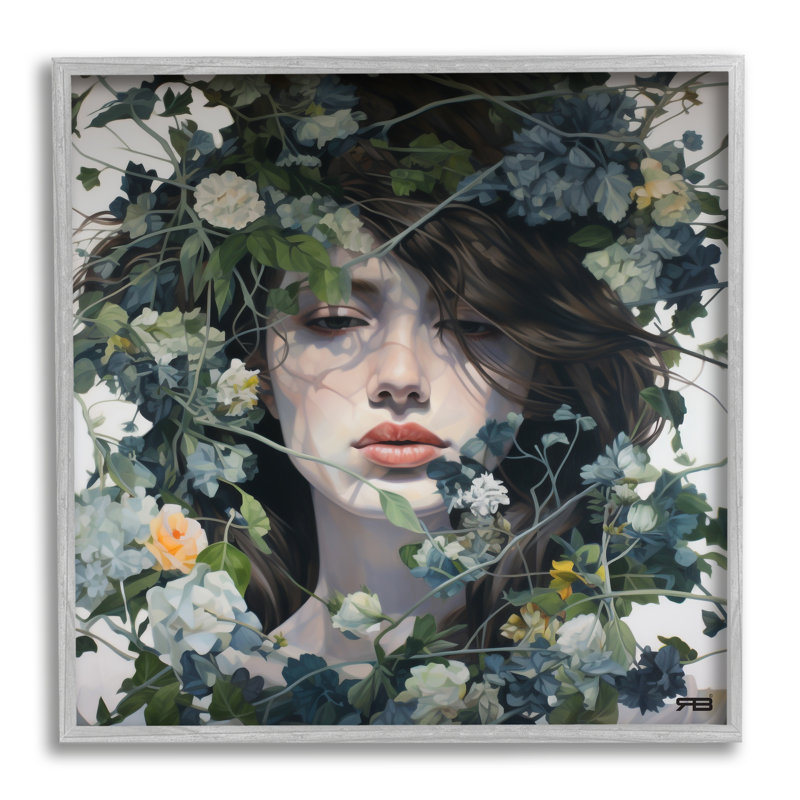 Bb-474-Femme encadrée avec des fleurs vertes, Estampe numérique Farmhouse, H 24 po x l 24 po x P 1,5 po