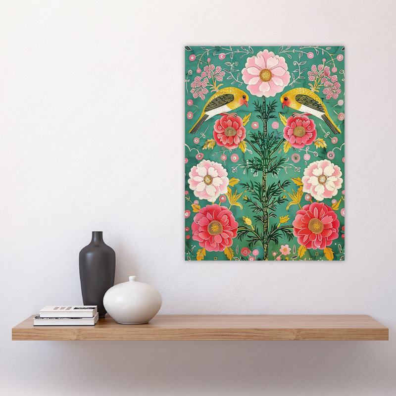 Wall Art Print Birds on Flower Vintage Green Floral Pattern Poster