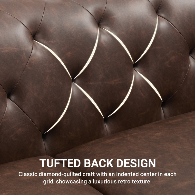 Fynlie 3-Piece Tufted Faux Leather Chesterfield Sofa Couch Accent Chair Living Room Furniture Set, Cocoa Faux Leather