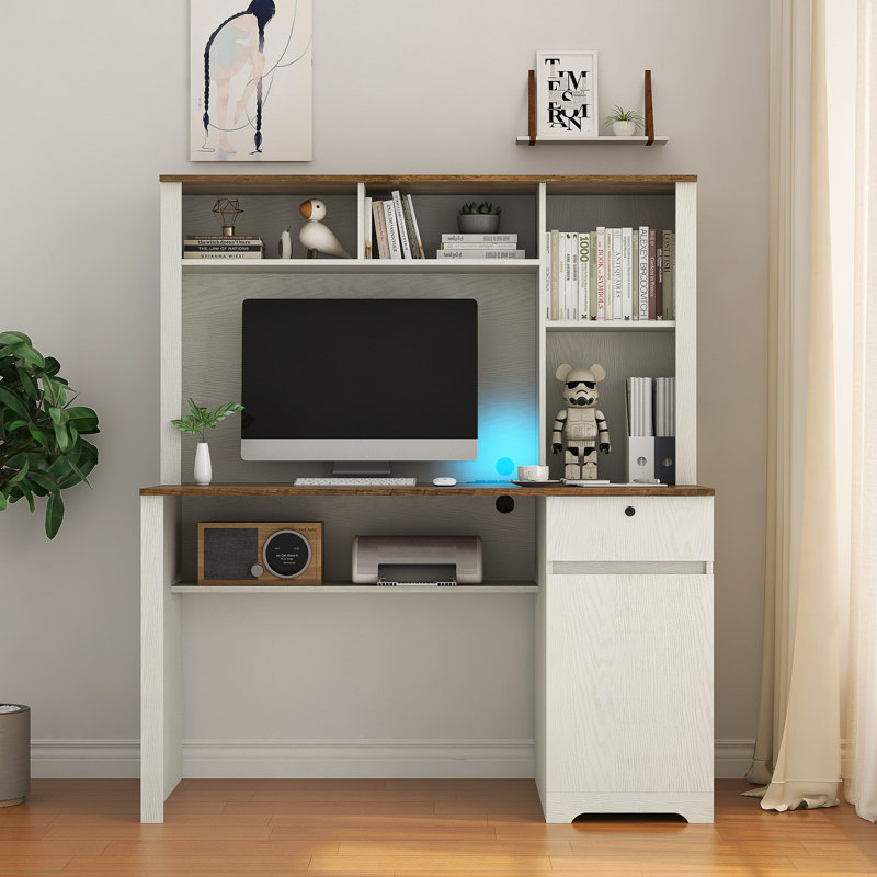 Bureau d'ordinateur avec huche et bibliothèque (sans les chaises de bureau), Brun, Blanc