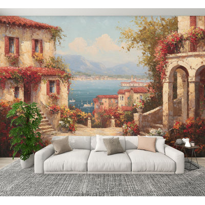 Peel and Stick Wallpaper Italy Town Mediterranean Tuscany Sea Coast Flowers Landscape Scenery Wall Murals 100"H x 144"W Removable PVC Wall Paper Self-Adhesive Wall Decor for Bedroom Living Room Home Office
