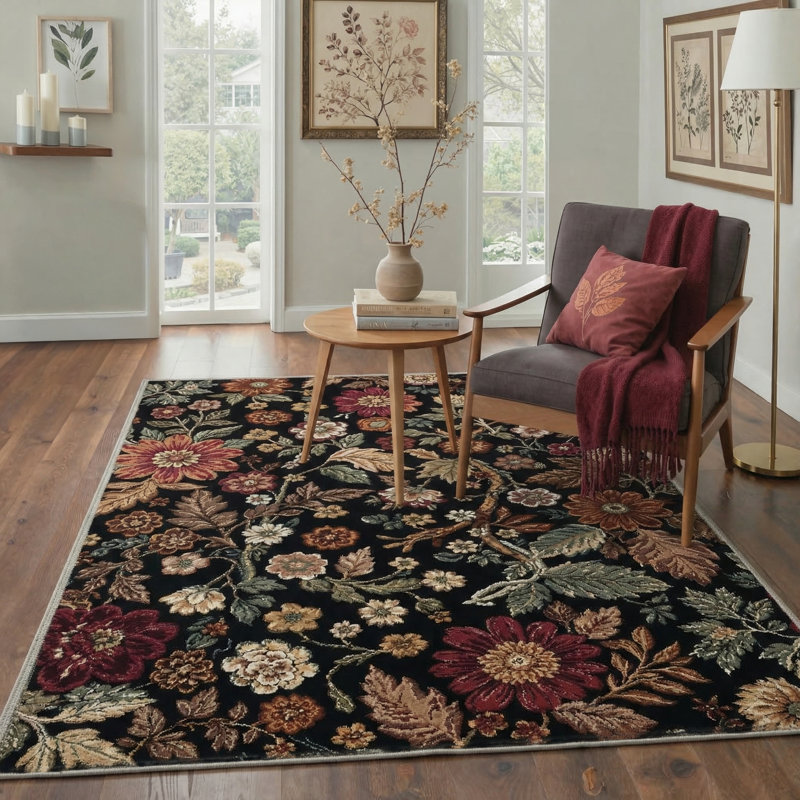 Tapis d'intérieur noir lavable à la machine avec envers antidérapant Eden, Rond 5 pi