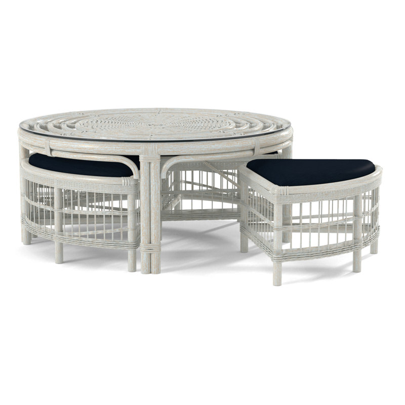 Raffles Rattan Cocktail Table with Benches, Bisque, Light Blue Performance Fabric; 0851-55