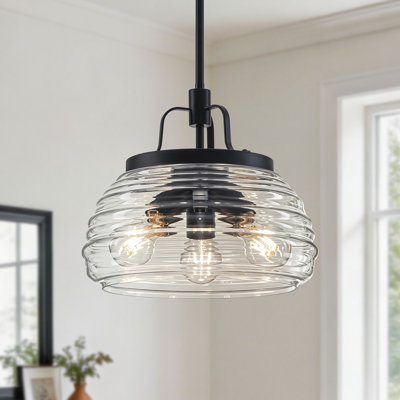 3-Light Modern Black Dome Pendant Light with Clear Ribbed Glass Shade