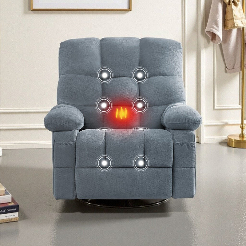 Fauteuil inclinable pivotant surdimensionné avec massage par vibration, chauffage lombaire et chargeur USB, Bleu