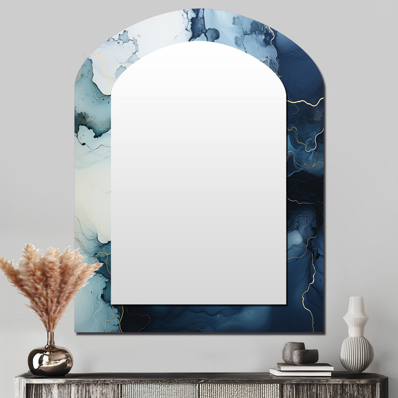 River Embrace II - miroir arqué bleu, miroir mural asymétrique traditionnel, impression d'art en métal, 43 po x 33 po