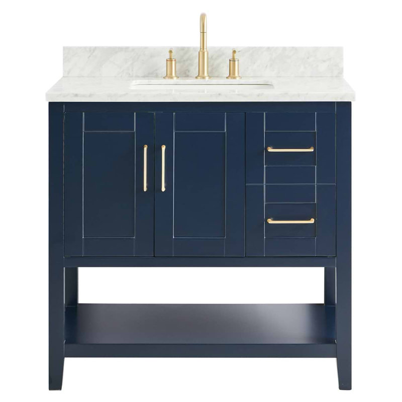 Sheraton 36" Freestanding Standard Single Bathroom Vanity with Top, Navy, Gold Zinc Alloy