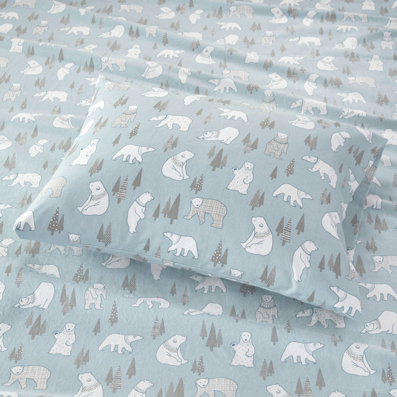 Cozy Flannel 100% Cotton Sheet Set, Twin Sheet Set with 1 Pillowcases, Blue Polar Bears
