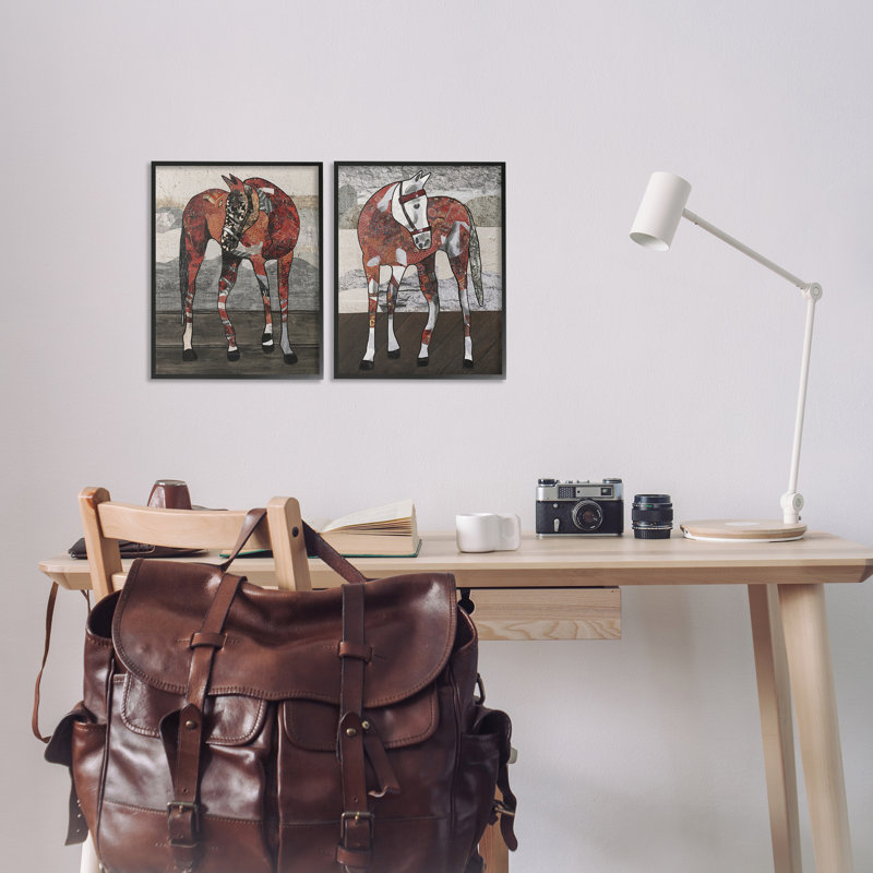 "Abstract Patchwork Horses", ensemble de 2 estampes blanches encadrées par Coco Good, Giclée encadrée noir minuit