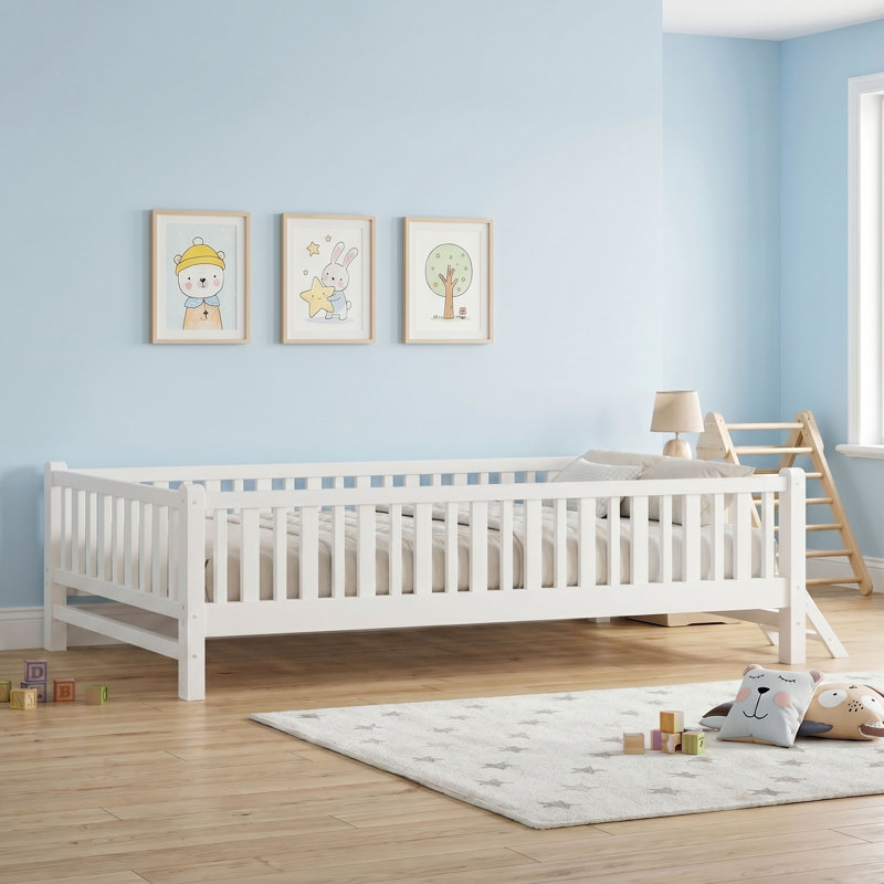 Twin Wood Platform Bed with Guardrail, White